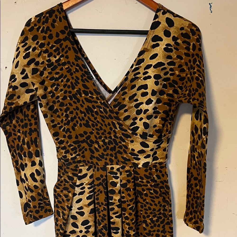 Vintage 80s 90s Leopard Print Print Faux Wrap Top Bodysuit Catsuit Pockets Small